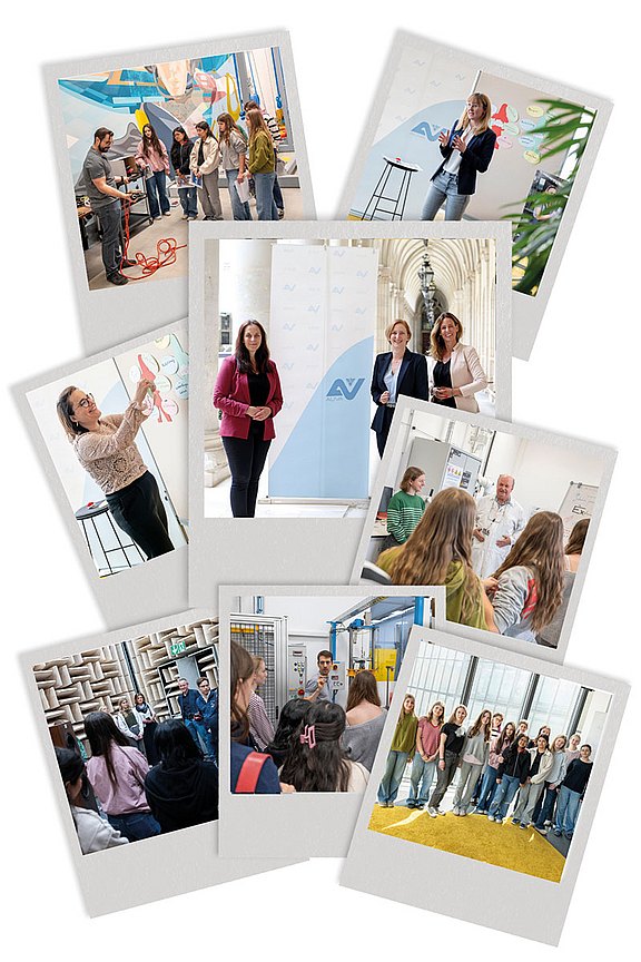Die Fotocollage zeigt Eindrücke eines Töchtertags mit Workshops, Vorträgen und Gruppenaktivitäten. Schülerinnen erhalten praxisnahe Einblicke in verschiedene Berufsfelder, lernen Fachkräfte kennen und sammeln wertvolle Erfahrungen.
