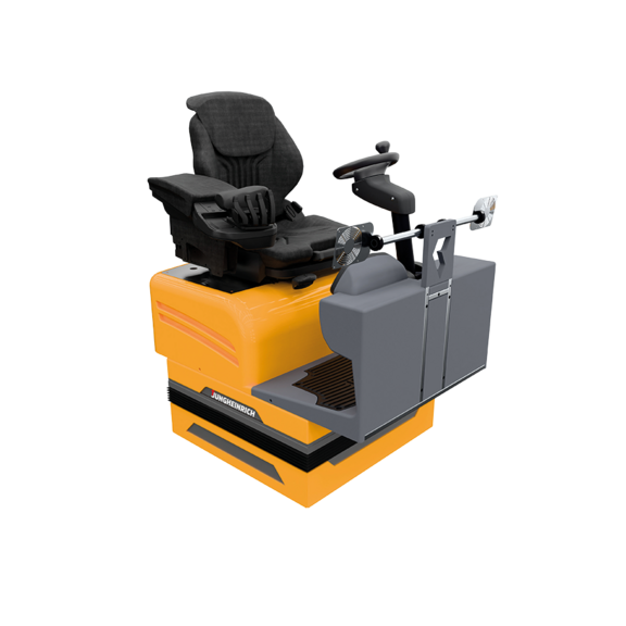 Gelber Fahrsimulator mit gepolstertem Sitz, Lenkeinheit und Pedalen. Trainingssystem für Gabelstaplerfahrer zur sicheren Schulung und Simulation.