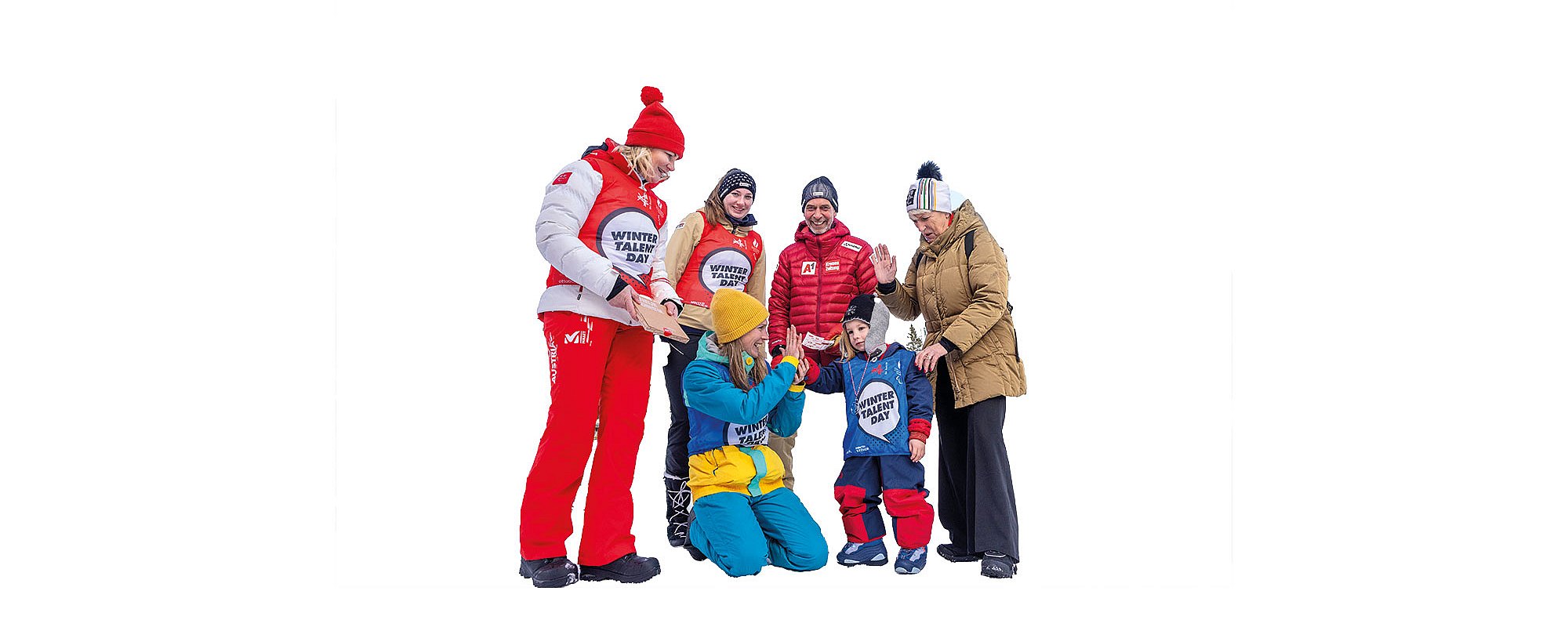 Zwei Kinder und vier Erwachsene in teils winterlich-sportlicher Kleidung